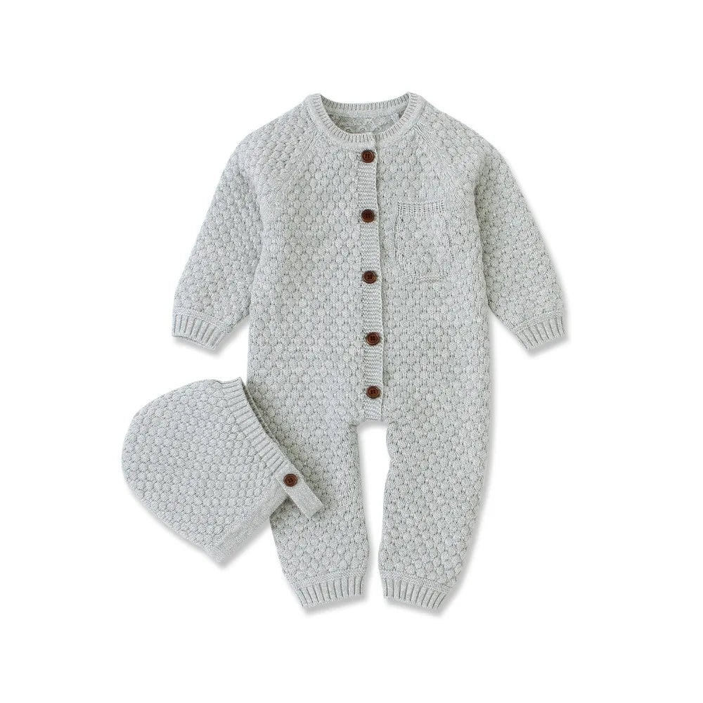 Grey Knitted Baby Romper with Hat