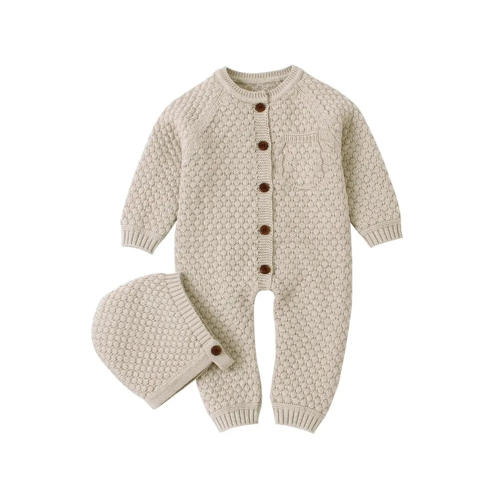 Beige Knitted Baby Romper with Hat